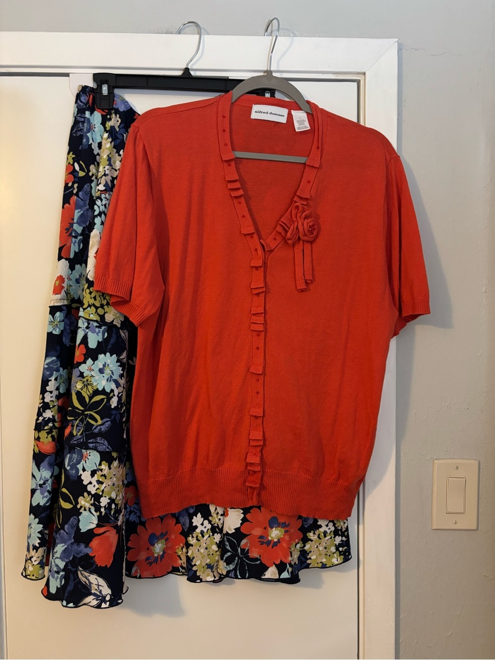 Alfred Dunner Orange Short Sleeve Ruffle Cardigan and Floral Skirt Set